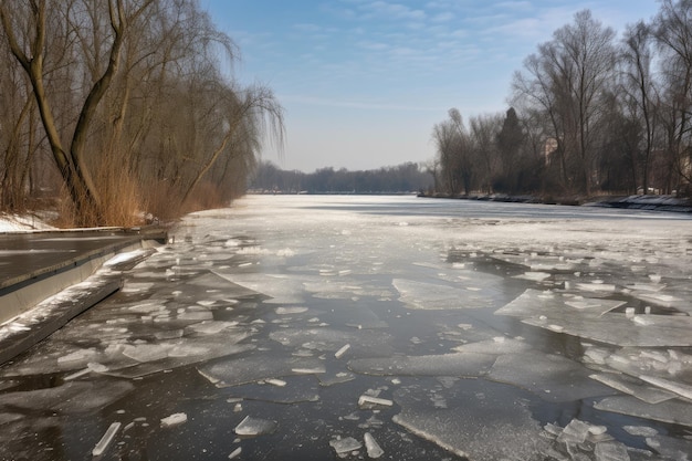 Zamarznięta rzeka z torem do jazdy na łyżwach i łyżwami widocznymi na powierzchni