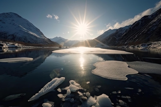 Zamarznięty fiord z błyszczącą wodą odbijającą światło słoneczne