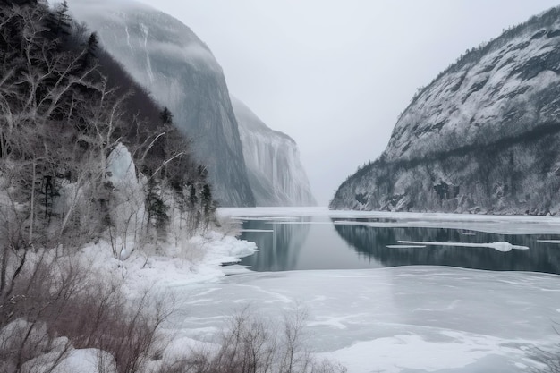 Zamarznięty fiord z zamarzniętym wodospadem i ośnieżonymi drzewami w tle