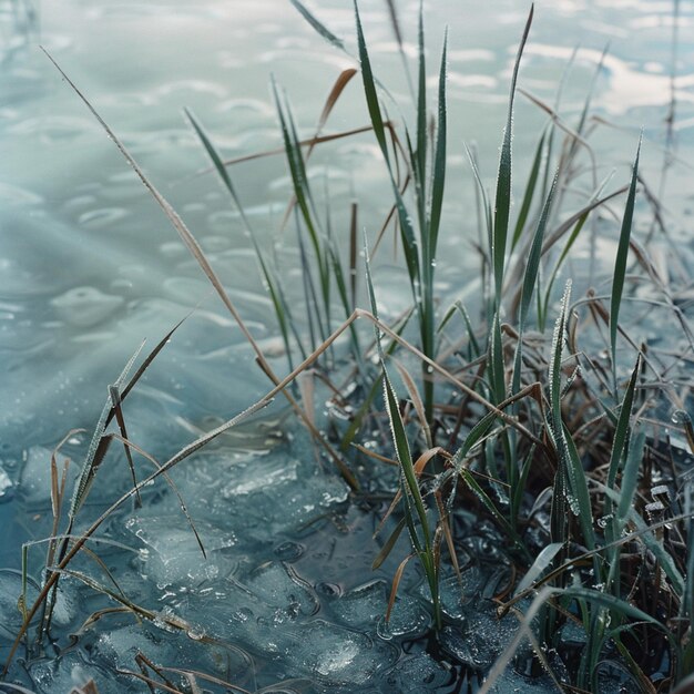 zamarznięty staw z lodem i kropelami wody na trawie