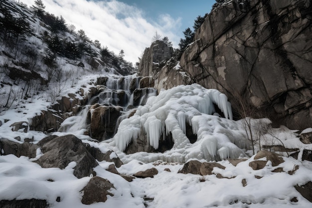 Zamarznięty wodospad ze śniegiem i lodem spływającymi po skałach