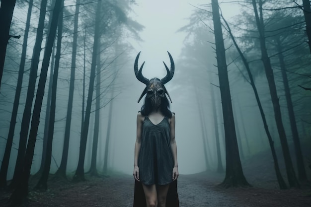 Zamaskowana tajemnicza kobieta w lesie