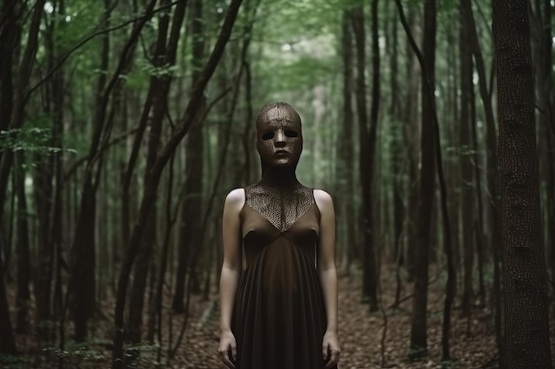 Zamaskowana tajemnicza kobieta w lesie