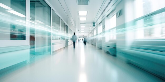Zamazane postacie pracowników służby zdrowia poruszających się korytarzem nowoczesnej kliniki są świadectwem spójnej pracy zespołowej i sztucznej inteligencji w opiece zdrowotnej Generacyjna sztuczna inteligencja