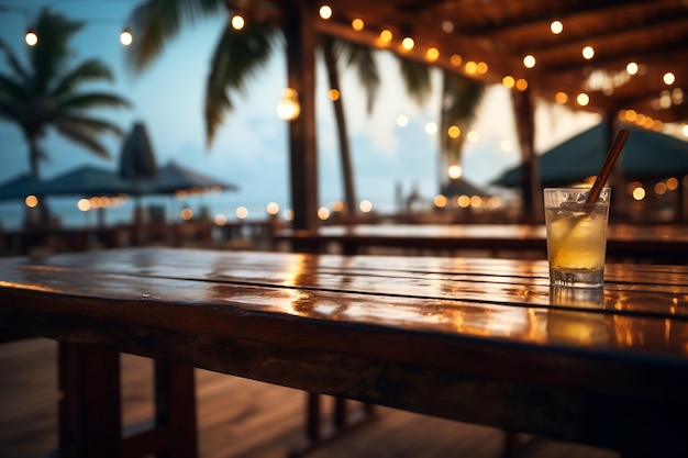 Zdjęcie zamazany bokeh restauracji z barem na plaży o zachodzie słońca generative ai