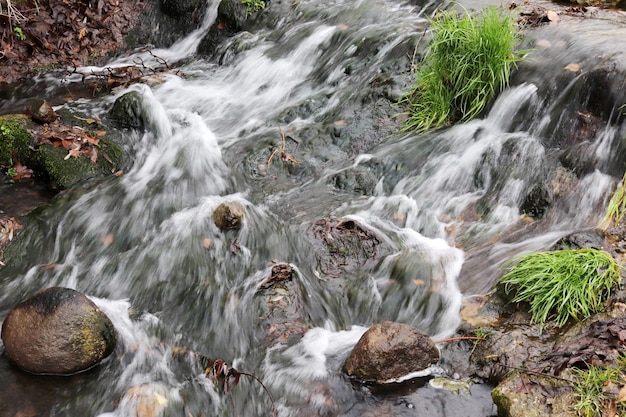 Zamazany obraz Bieżąca woda w potoku jesienią
