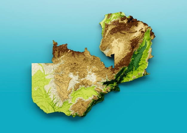 Zambia Mapa Zacieniony relief Kolor Wysokość mapy na morzu Niebieskie tło Ilustracja 3d