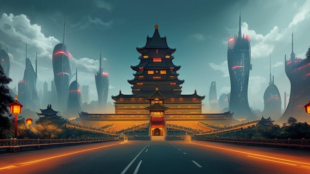 Zamek chiński w futurystycznym świecie przyszłości cybernetycznego miasta science fiction
