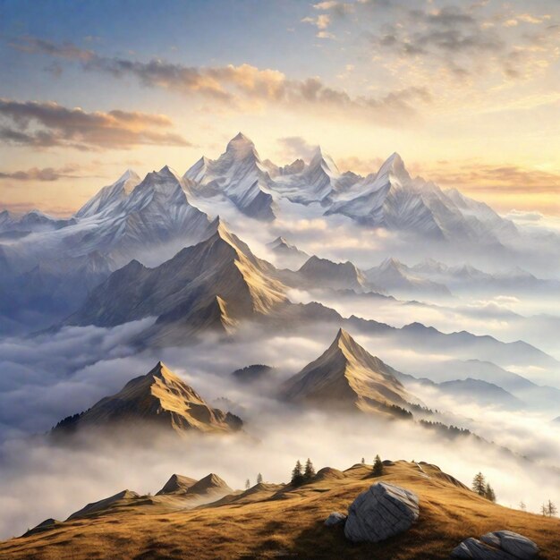Zdjęcie zamek fantazji na skale między górami i chmurami wygenerowany ai