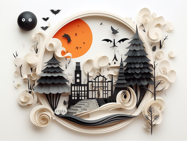 Zamek i koszmar Halloween ilustracja koncepcja papierowy kolaż i mix media Minimalistyczny projekt