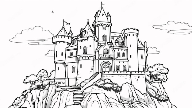 Zdjęcie zamek na linii gór skalistych ręcznie narysowany kawaii ilustracja do kolorowania