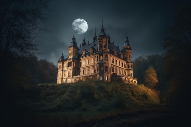 Zamek na wzgórzu z księżycem w tle