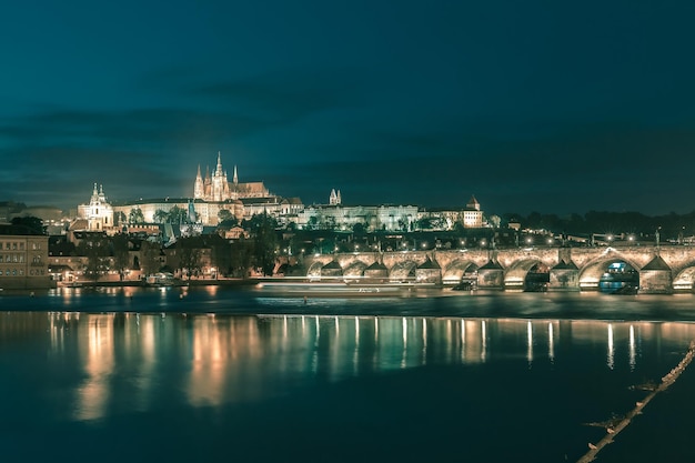 Zamek Praski I Most Karola Nocą Czechy