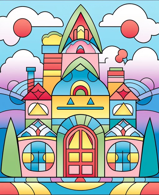 zamek rysunkowy z dachem w kolorze tęczy i generatywną sztuczną inteligencją w kolorze tęczy