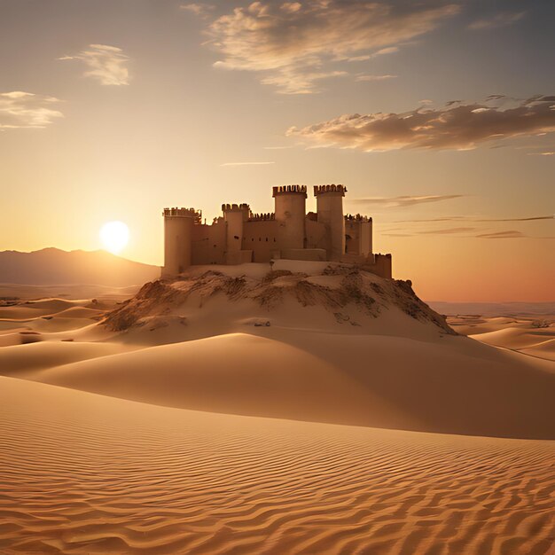 zamek stoi na szczycie wydmy piaskowej przy zachodzie słońca