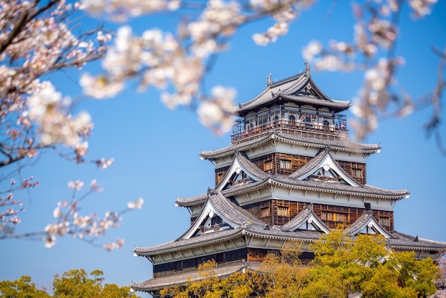 Zamek w Hiroszimie podczas pory kwitnienia wiśni w Japonii w ciągu dnia