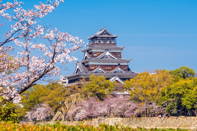 Zamek W Hiroszimie Podczas Sezonu Kwitnienia Wiśni W Japonii