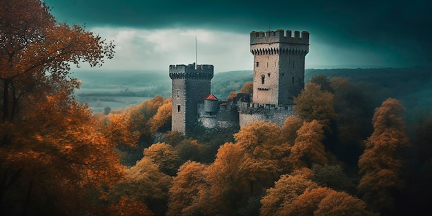 Zamek w lesie z napisem „zamek” na górze.