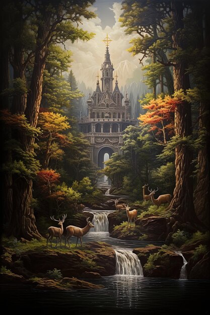 zamek w lesie z wodospadem i jeleniem na pierwszym planie