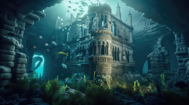 Zamek w morzu, wokół którego pływają ryby