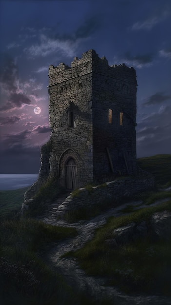 Zdjęcie zamek w nocy z księżycem w tle