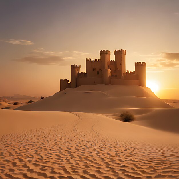 zamek w piasku z zachodem słońca na tle