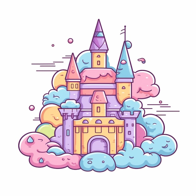zamek z chmurami i generatywnym dachem w kolorze tęczy