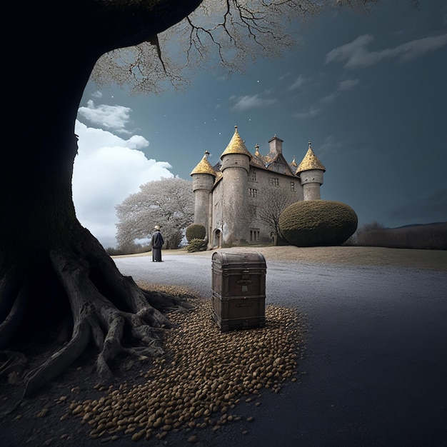 Zamek z drzewem i pudełkiem z osobą stojącą przed nim