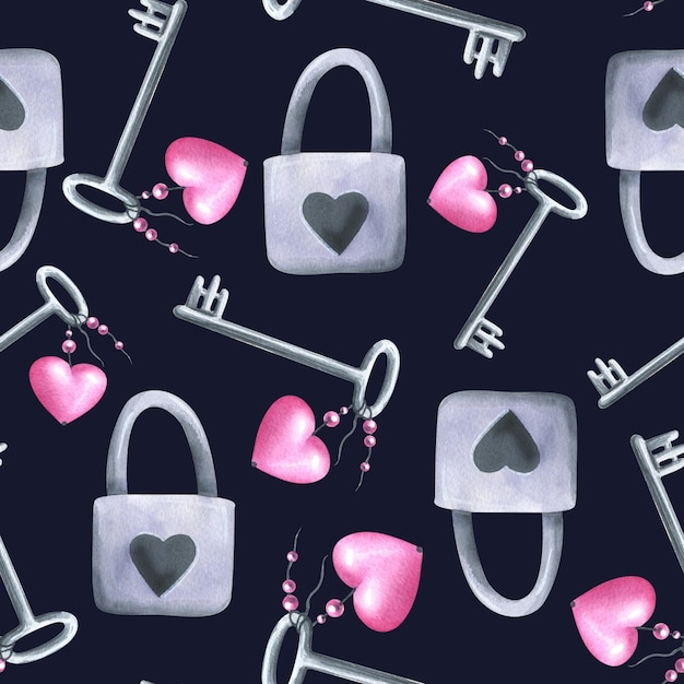 Zamek z dziurką od klucza w kształcie serca i kluczem z brelokiem z różowym sercem i koralikami Akwarelowa ilustracja Jednolity wzór na ciemnym tle z kolekcji WALENTYNKI