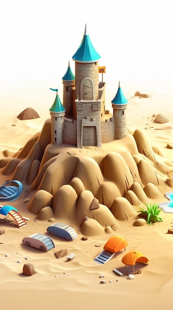 Zamek z piasku jest wyświetlany na torcie