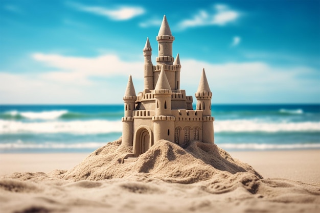 Zamek z piasku na piaszczystej plaży obok oceanu