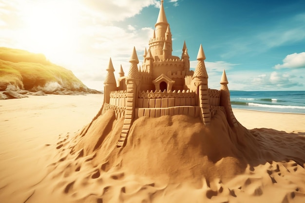 Zamek z piasku na plaży Tło generatywnej sztucznej inteligencji