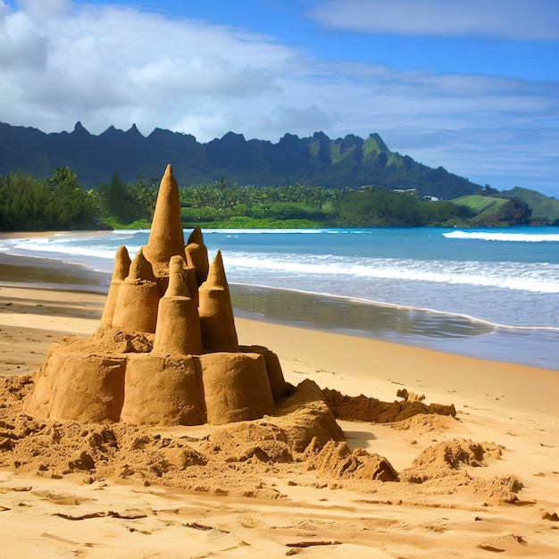 Zamek z piasku na plaży w zatoce Hanalei na Kauai