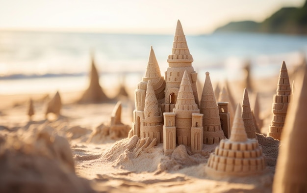 Zamek z piasku na plaży z niewyraźną plażą w tle