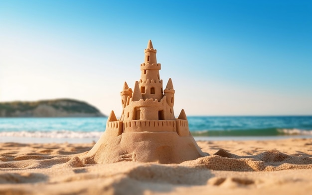 Zdjęcie zamek z piasku na słonecznej plaży.