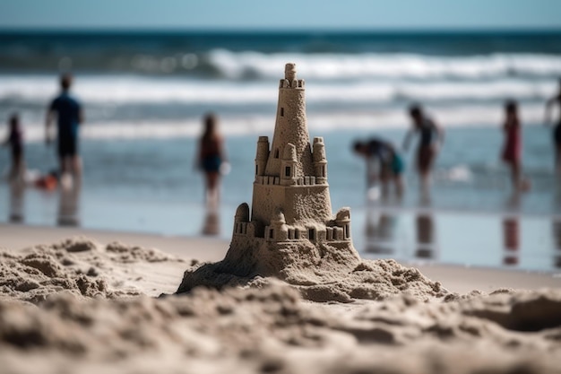 Zamek z piasku z morzem i ludźmi w tle Stworzony przy użyciu generatywnych narzędzi Al