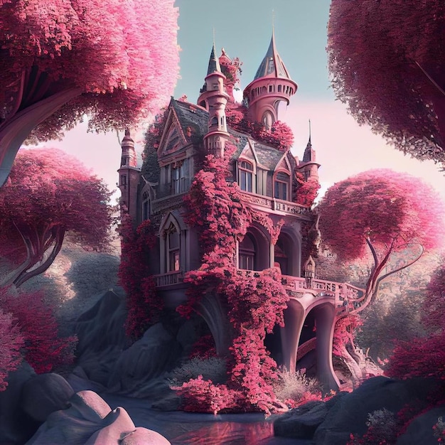 Zamek z różowymi liśćmi otoczony jest drzewami i jeziorem.