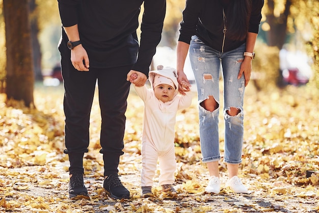 Zamknąć widok. Wesoła rodzina bawi się wraz z dzieckiem w pięknym jesiennym parku.