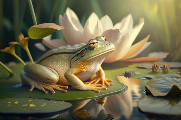 Zamknięta żaba w letnim stawie z białą lilią wodną AI Generative