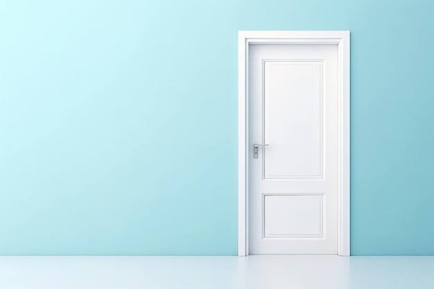 Zamknięte drzwi białe na jasnym pastelowym niebieskim tle ściany transparent kopia przestrzeń Generative AI