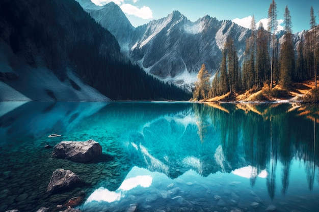 Zamknięte górskie jezioro z krystalicznie czystą, błękitną wodą