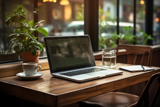 Zamknięty laptop na drewnianym biurku w nowoczesnej kawiarni