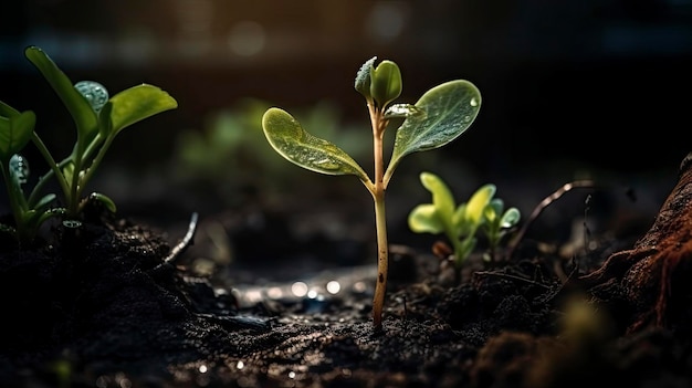 Zamknij Młode kiełkowanie nasion i rośliny rosnące z kroplą wody deszczowej nad zielonym i porannym światłem słonecznym środowisko ai generatywne