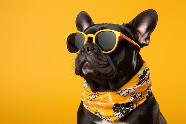 Zamknij portret psa buldoga francuskiego w modnych okularach przeciwsłonecznych na żółtym tle Generacyjna sztuczna inteligencja