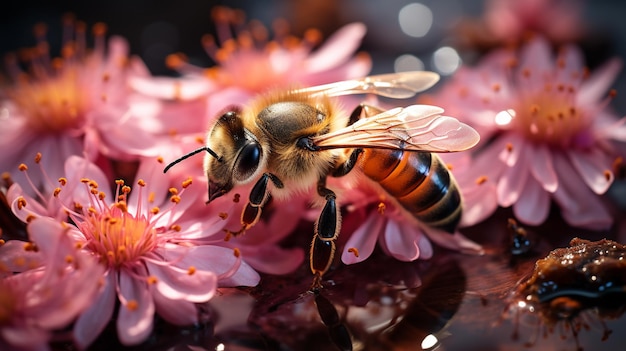 Zamknij Pszczoła miodna wydobywająca z kwiatów bardzo szczegółowe