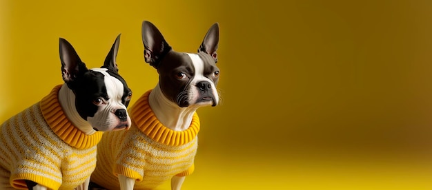 Zamknij si? Boston terrier z ?ó?tym pastelowym t?em Fotografia mody psów Generative AI