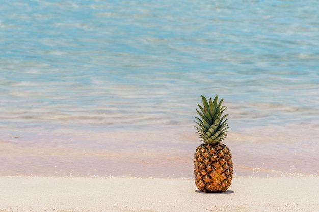 Zamknij się na ananasie na tropikalnej plaży