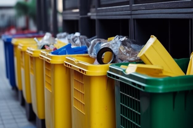 Zdjęcie zamknij się na pojemnikach do recyklingu z różnymi rodzajami śmieci