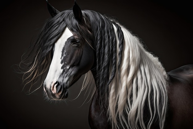 Zamknij się zdjęcie czarnego konia z długą grzywą Biały i czarny