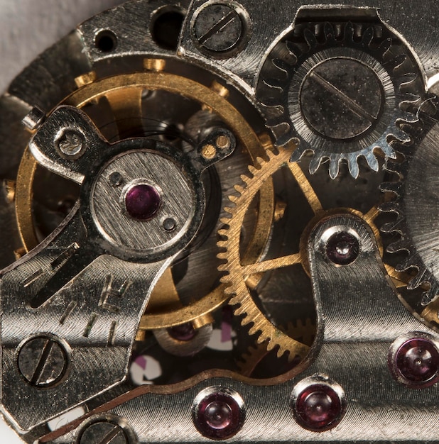 Zamknij widok starego mechanizmu zegara z zębatkami i zębatkami Dla udanego projektu biznesowego Makro